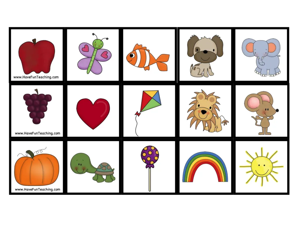 Cut-out picture cards for the game: 15 images including an apple, butterfly, dog, elephant, kite, lion, rainbow and sun