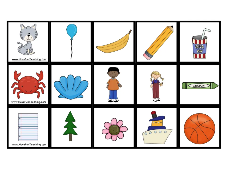 Second sheet of 15 picture cards to cut out, including a cat, balloon, banana, pencil, crab, crayon, tree, boat and ball