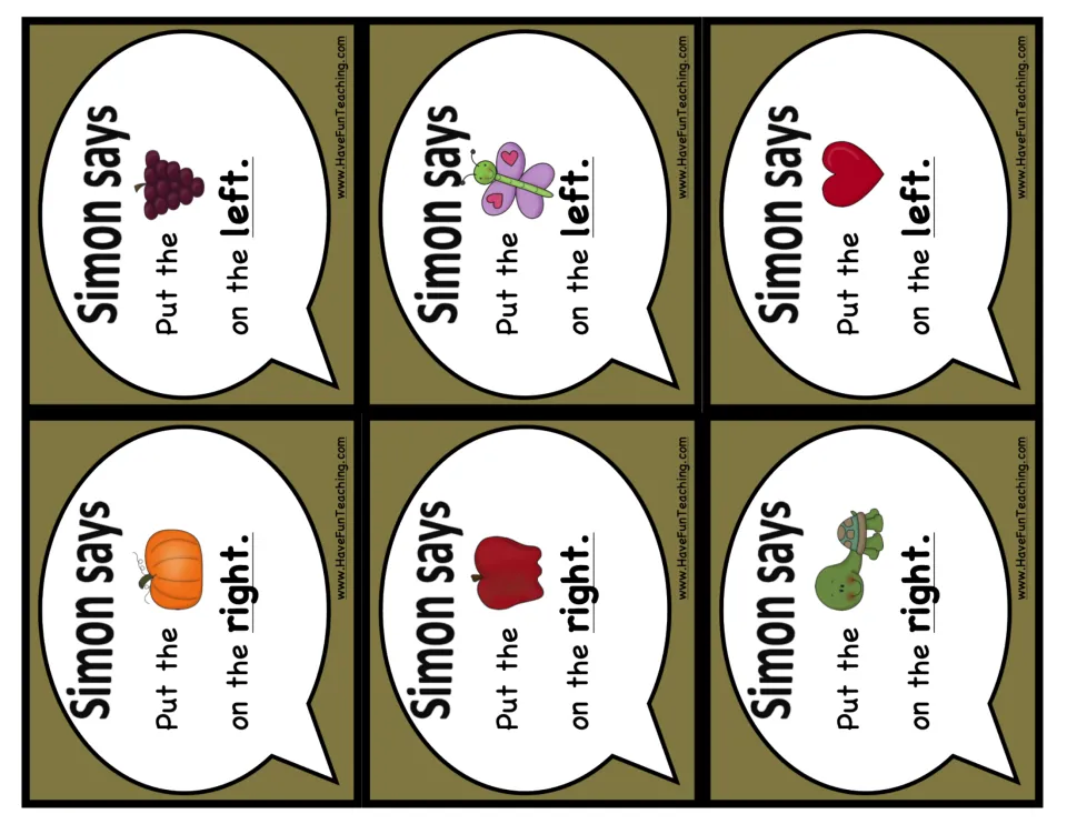 Simon Says direction cards: put the grapes, butterfly or heart on the left; put the pumpkin, apple or turtle on the right