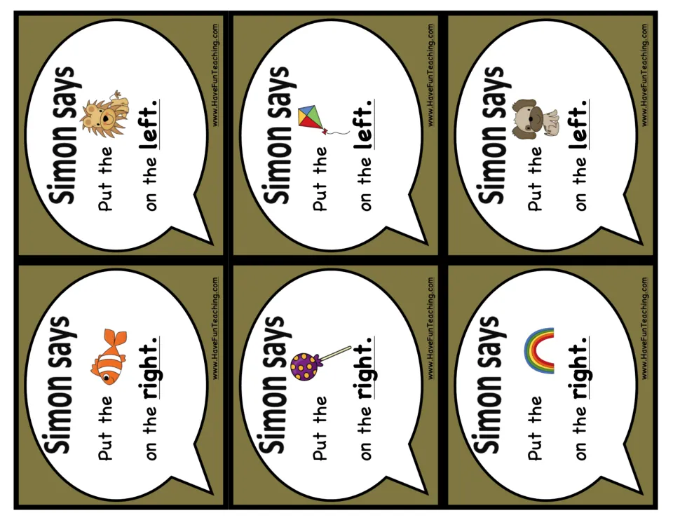 Rebus direction cards that put the lion, kite or dog on the left and the fish, lollipop or rainbow on the right
