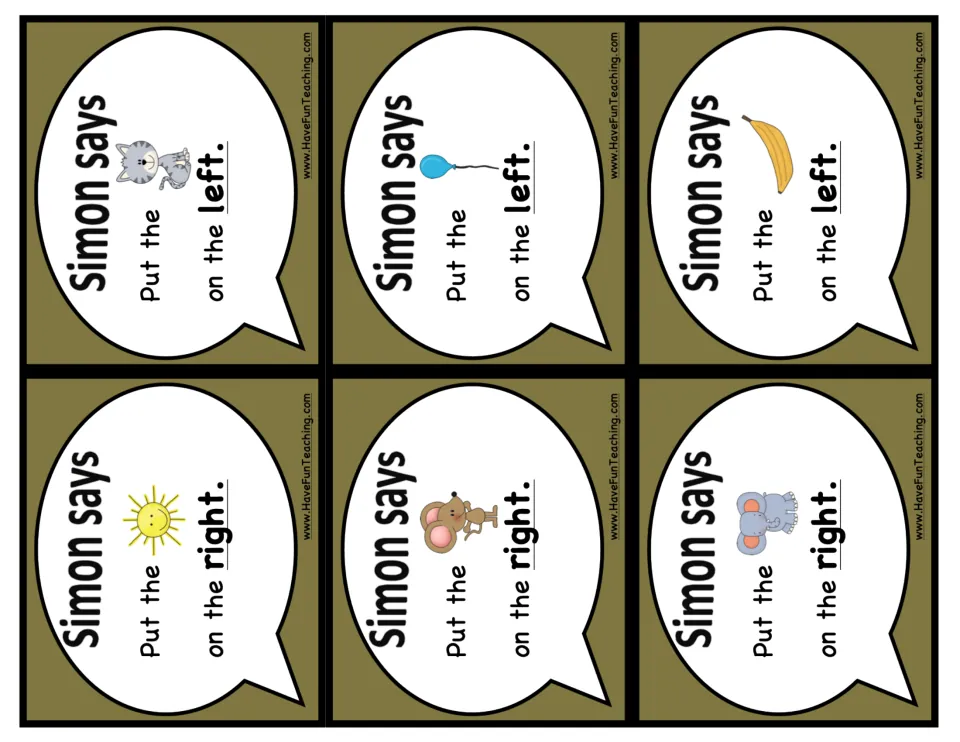Direction cards with pictures: the cat, balloon and banana go on the left; the sun, mouse and elephant go on the right