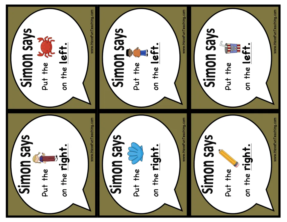 Simon says cards placing the crab, boy and soda on the left and the girl, shell and pencil on the right of the game mat