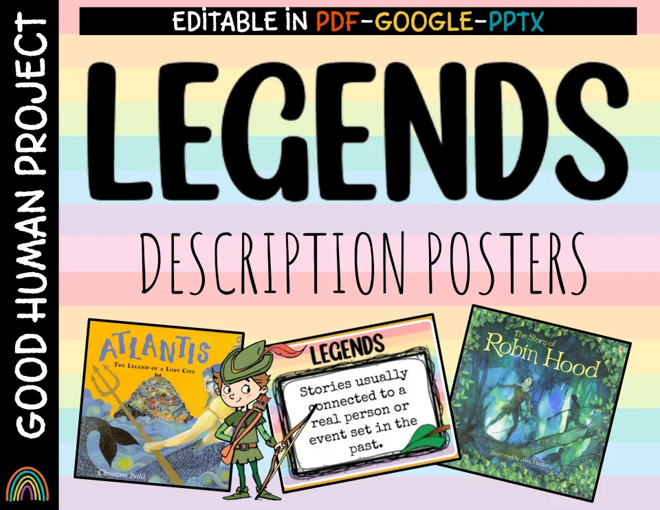 Legends description posters cover with Atlantis and Robin Hood books and a sample poster, editable in PDF, Google, PPTX