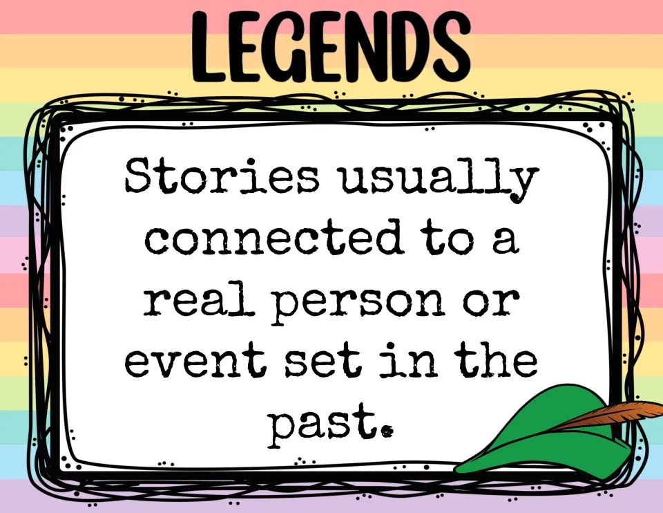 Legends definition poster: stories usually connected to a real person or event set in the past, with a green feathered hat