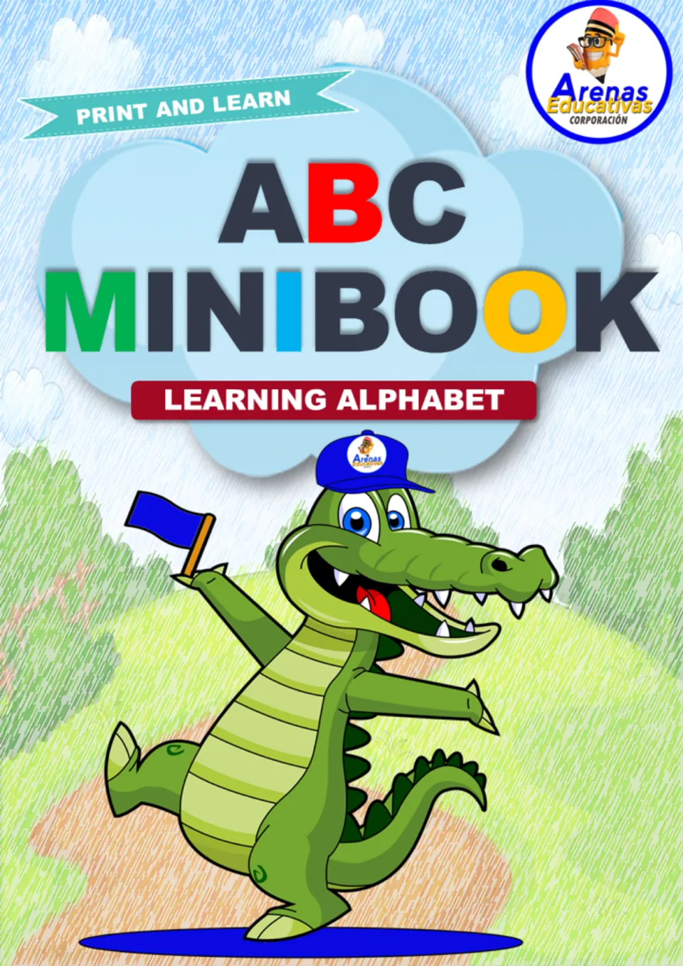 Alphabet minibook cover with the headings 'ABC MINIBOOK,' 'LEARNING ALPHABET,' and 'PRINT AND LEARN.'