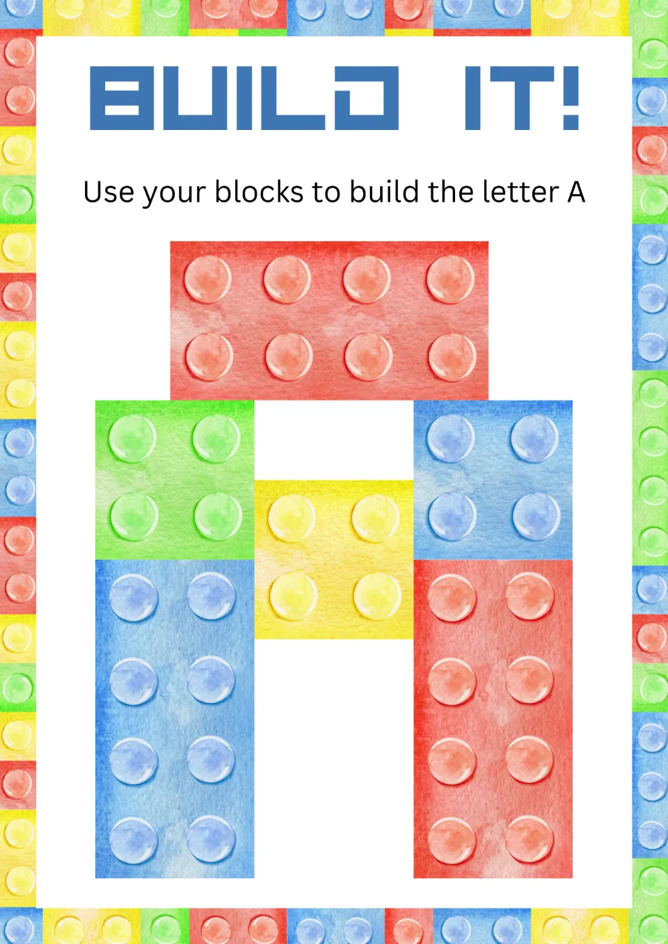 Alphabet minibook activity for uppercase A: 'Use your blocks to build the letter A,' with a block model.