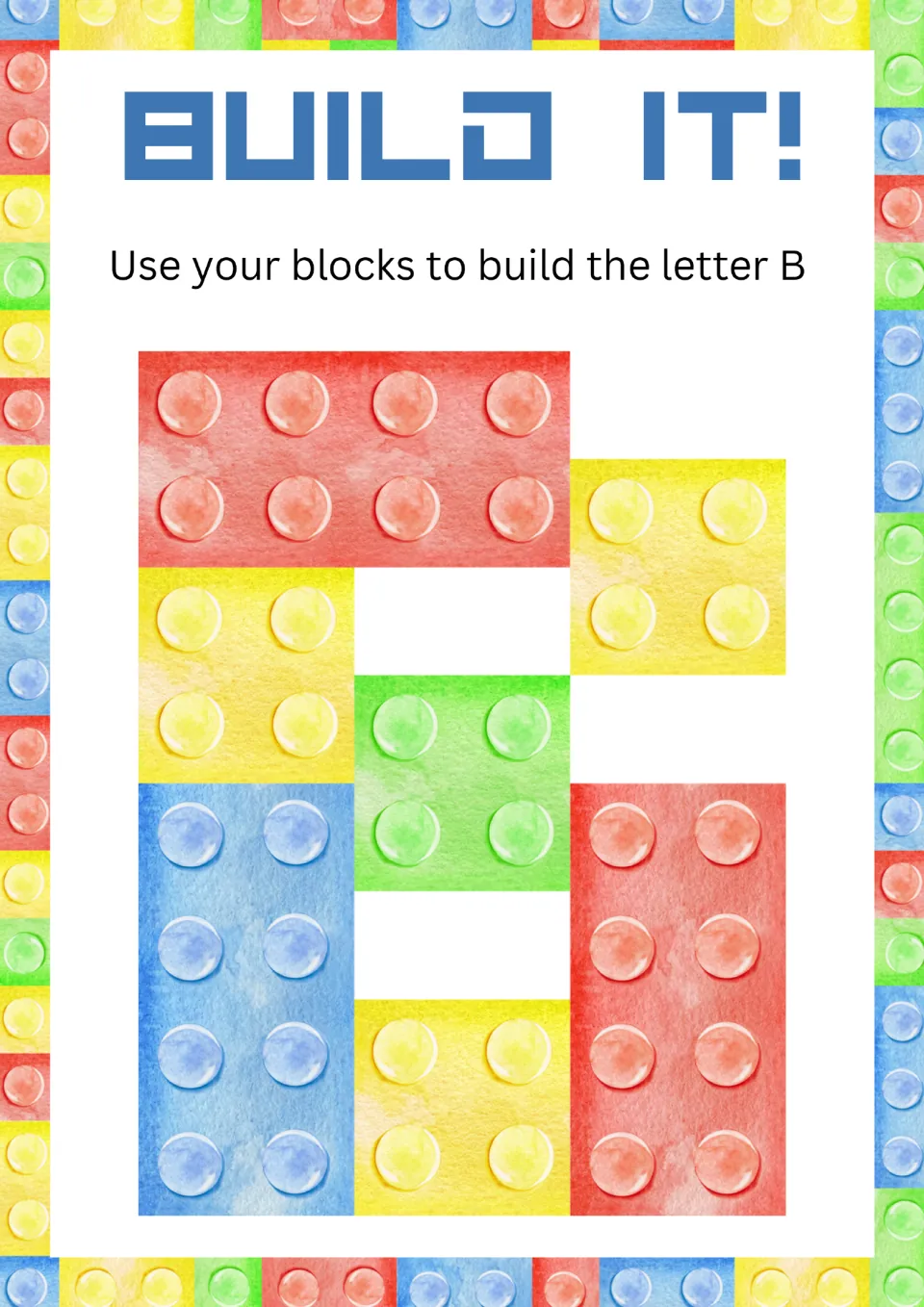 Alphabet minibook activity for uppercase B: 'Use your blocks to build the letter B,' with a block model.