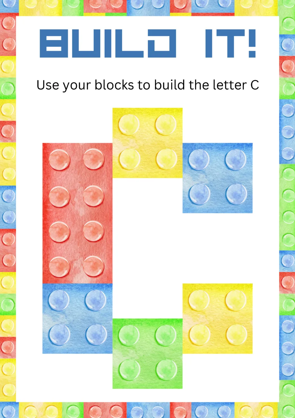 Alphabet minibook activity for uppercase C: 'Use your blocks to build the letter C,' with a block model.