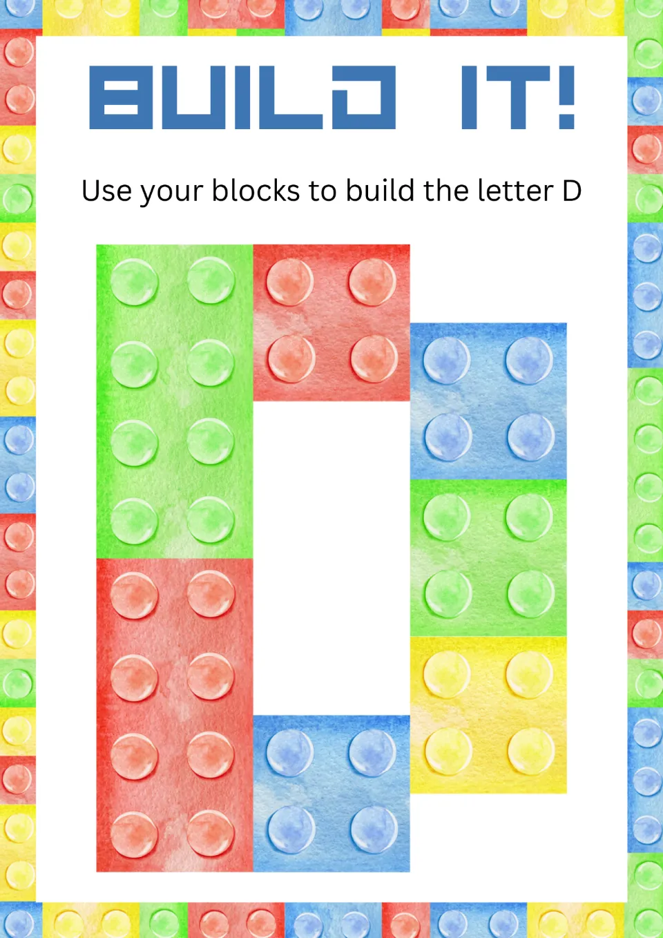 Alphabet minibook activity for uppercase D: 'Use your blocks to build the letter D,' with a block model.