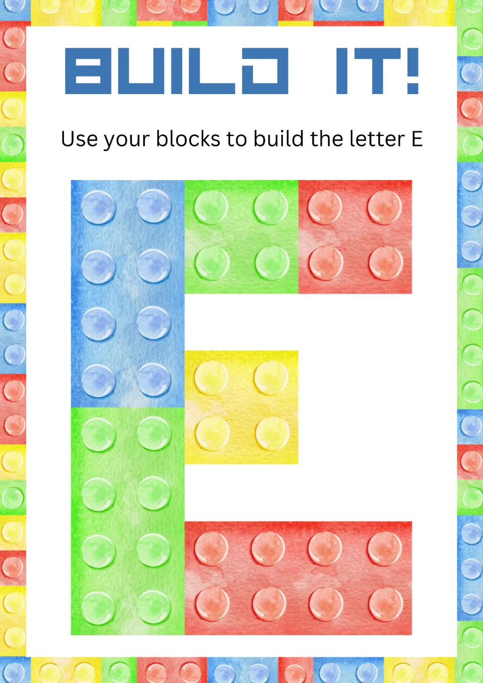 Alphabet minibook activity for uppercase E: 'Use your blocks to build the letter E,' with a block model.