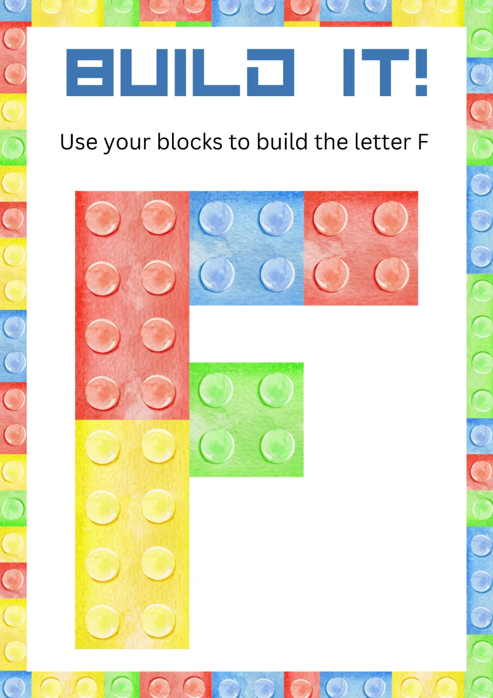 Alphabet minibook activity for uppercase F: 'Use your blocks to build the letter F,' with a block model.