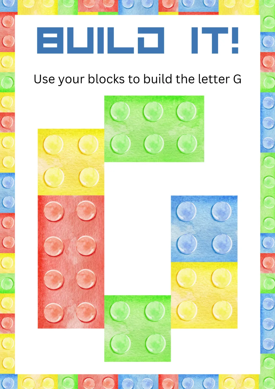 Alphabet minibook activity for uppercase G: 'Use your blocks to build the letter G,' with a block model.