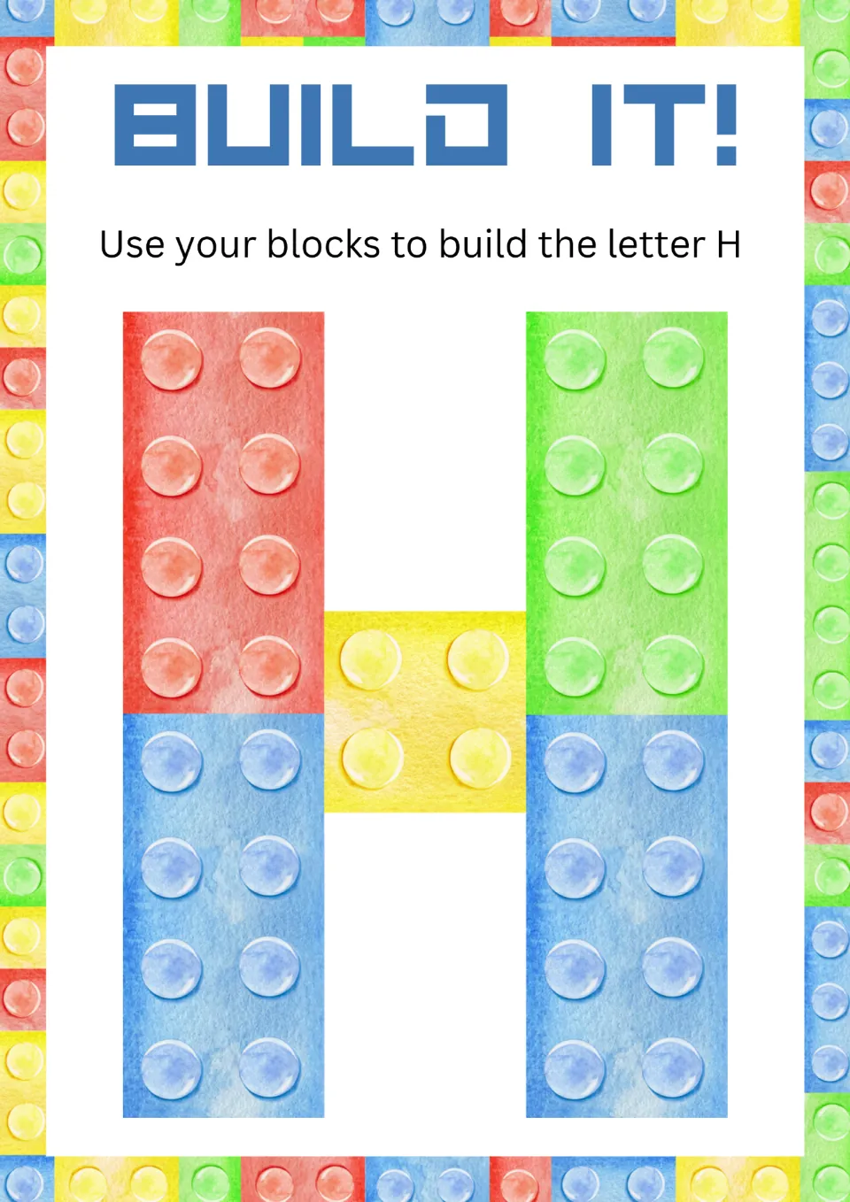 Alphabet minibook activity for uppercase H: 'Use your blocks to build the letter H,' with a block model.
