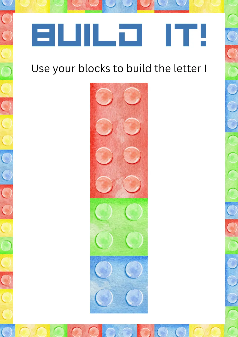 Alphabet minibook activity for uppercase I: 'Use your blocks to build the letter I,' with a block model.