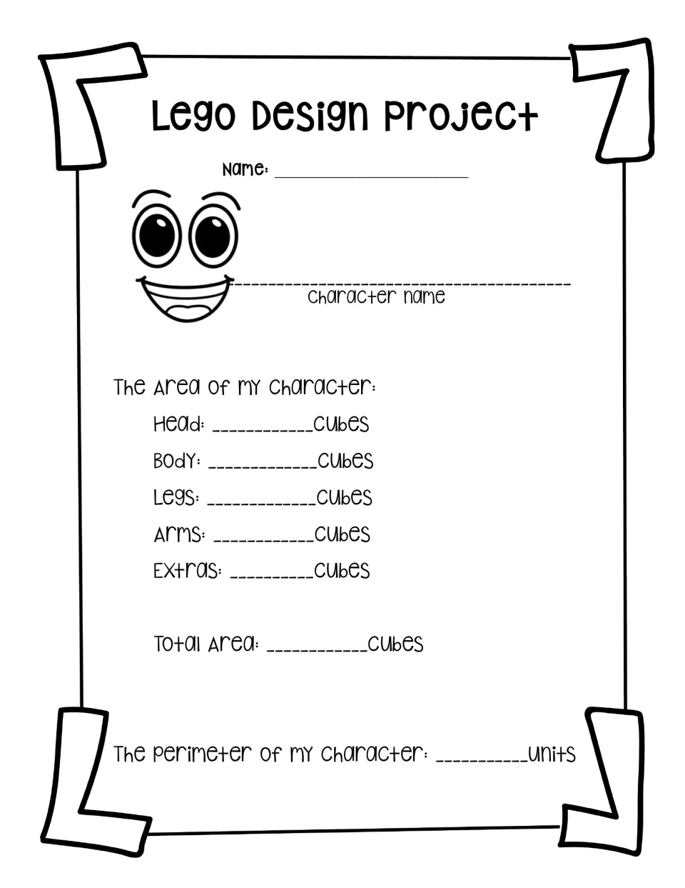 Character measurement sheet for recording each body part's area, extra details' area, total area, and perimeter