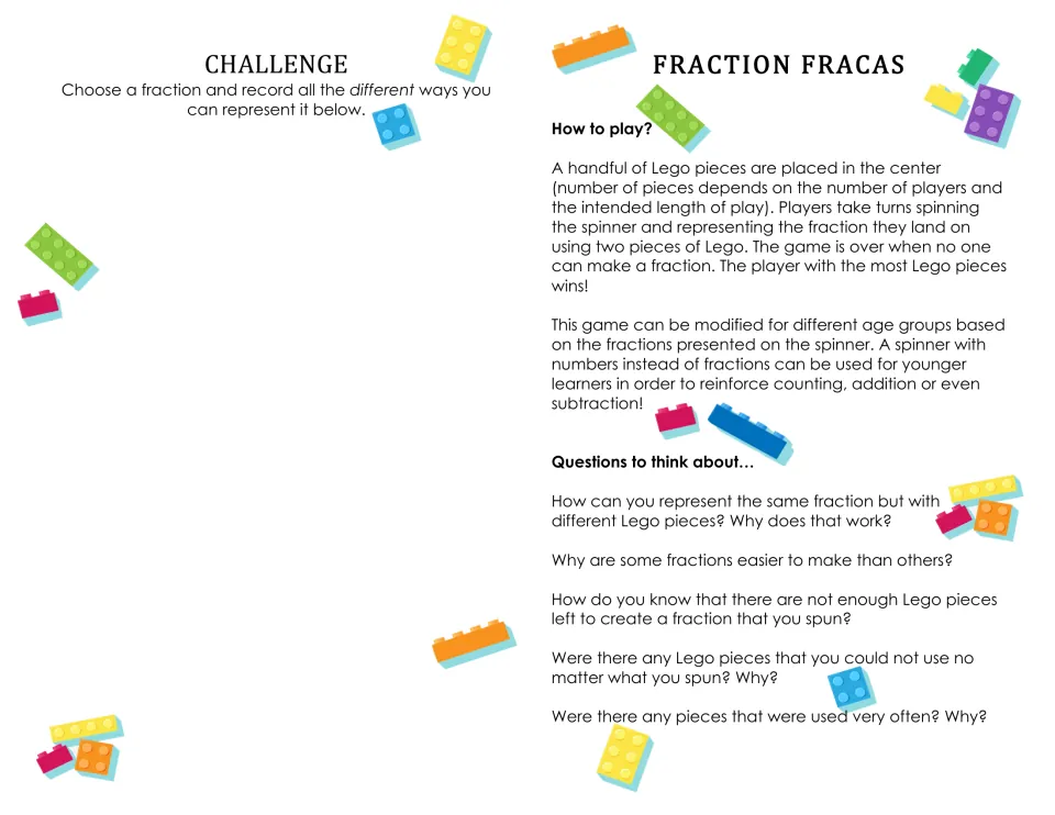Fraction Fracas rules: players spin and build the fraction with two Lego bricks; a challenge asks for many ways to show one