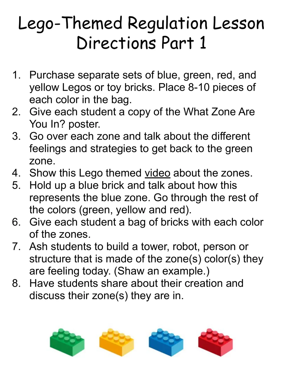 Teacher directions part 1: introduce blue, green, yellow and red feeling zones, then students build with matching bricks