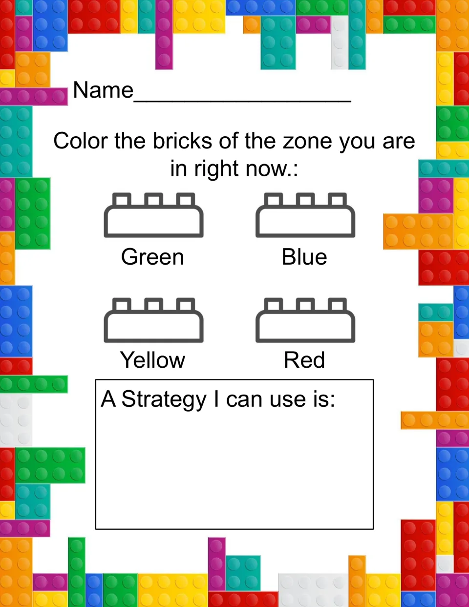 Zone check-in sheet: students color the brick for the zone they are in now and write or draw one strategy they can use