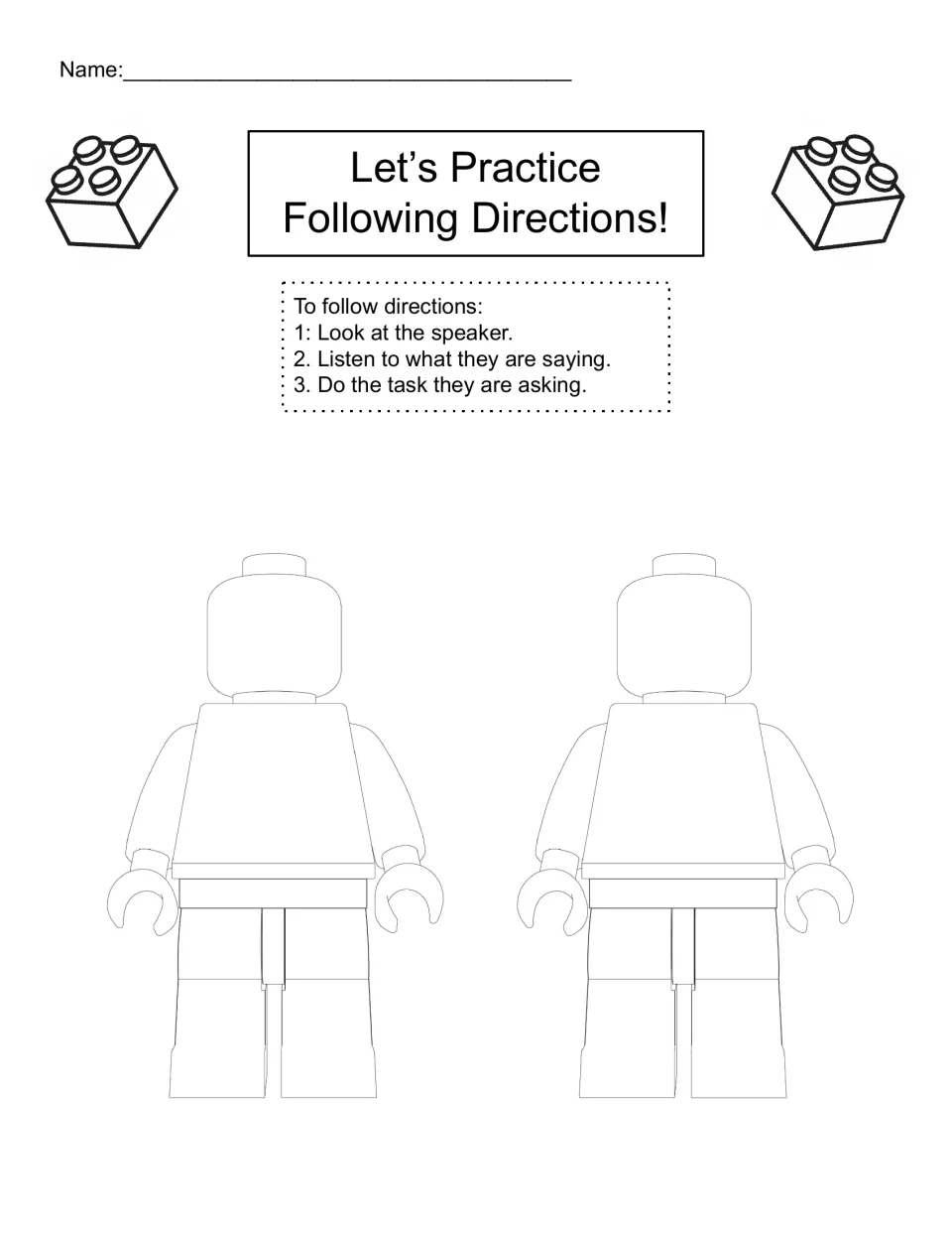 Following directions practice: students color two blank Lego figures as told, using look, listen and do-the-task tips