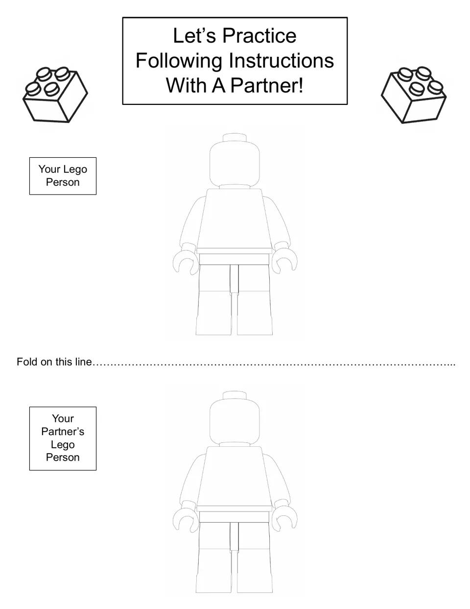Partner instructions practice: students color their own Lego person, then give and follow coloring steps with a partner