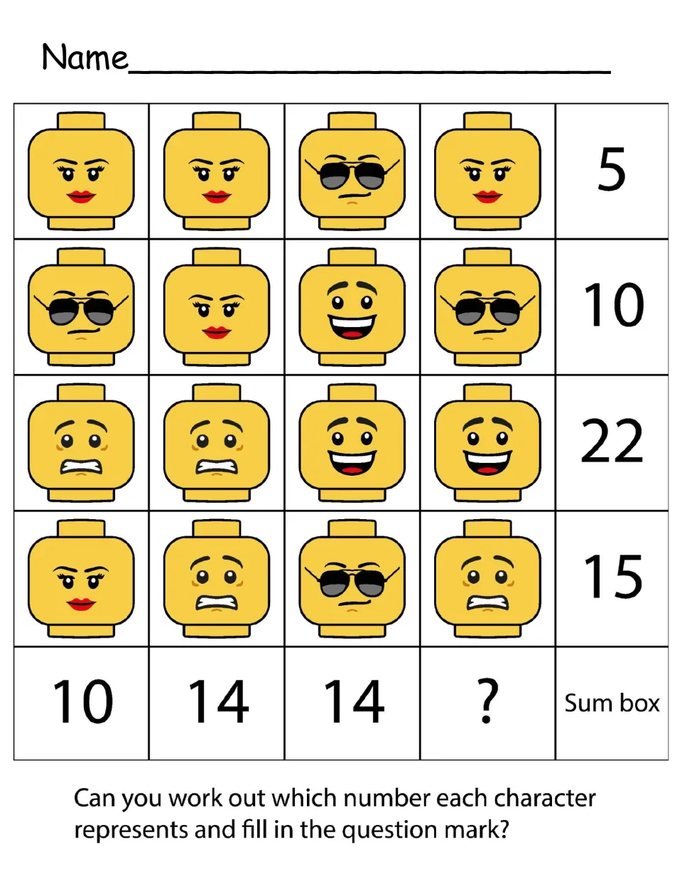 Toy face sum puzzle: students find the number each of 4 faces stands for using row and column totals, then solve the ?