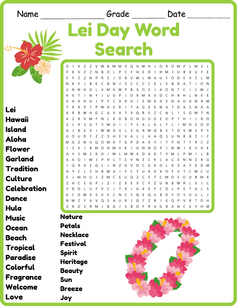 Color version of the Lei Day word search with 30 words, including lei, Hawaii, aloha, garland, and tradition.