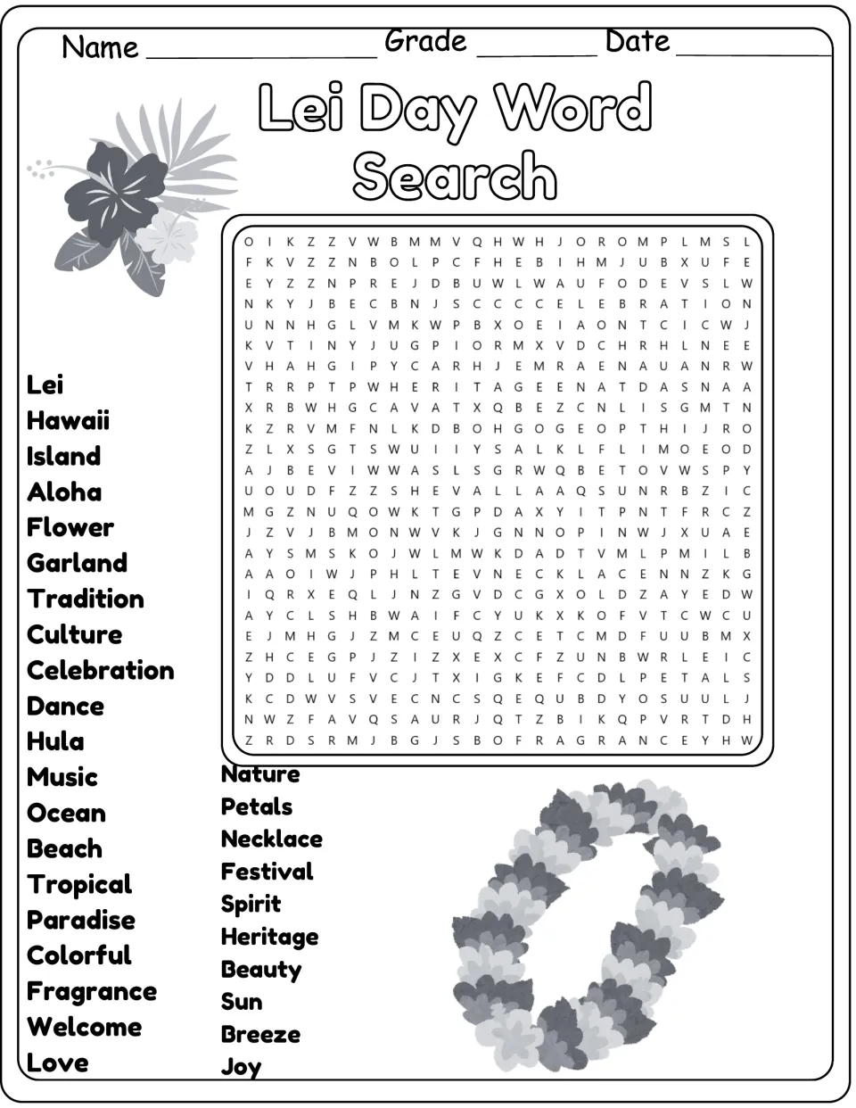 Black-and-white version of the same 30-word puzzle, including culture, celebration, hula, and heritage.