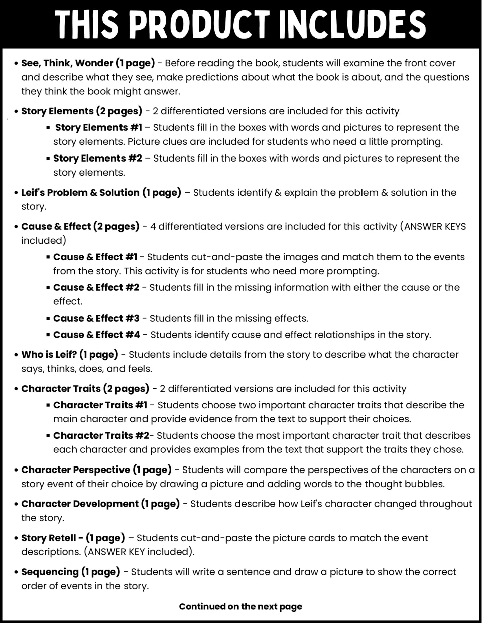 First contents page lists story elements, cause and effect, character traits, retelling, and sequencing