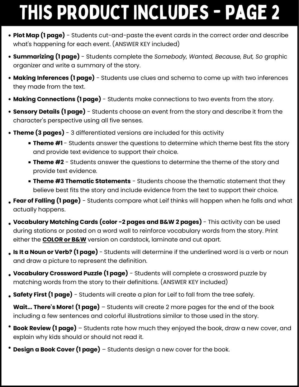 Second contents page lists plot mapping, summarizing, inference, theme, vocabulary, and writing activities