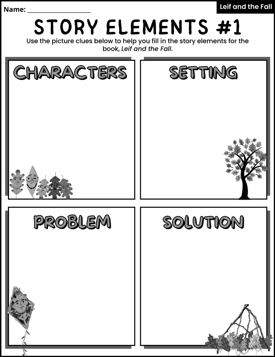 Story Elements #1 uses picture clues to help students identify characters, setting, problem, and solution
