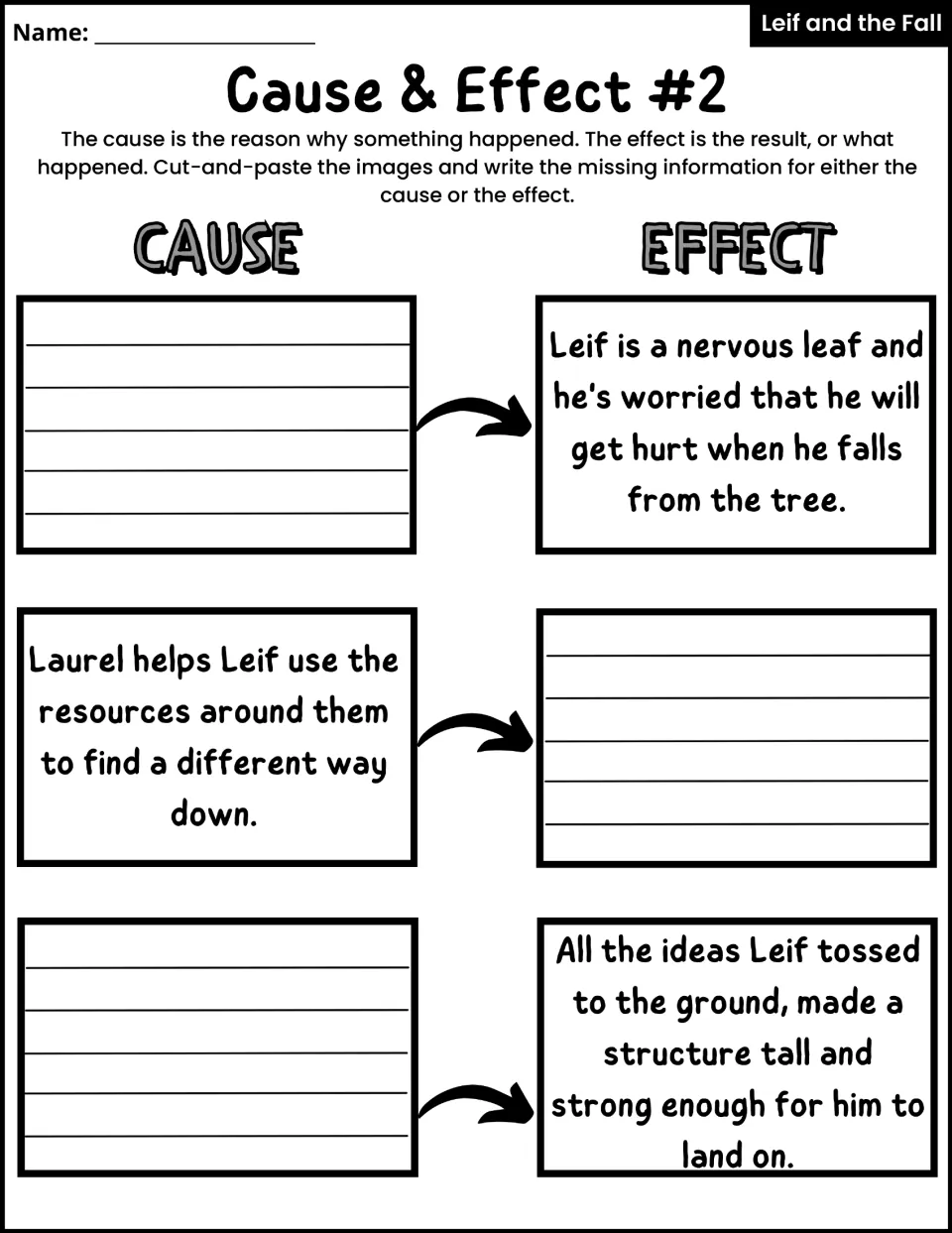 Cause & Effect #2 asks students to supply two causes and one effect for Leif's fear, plans, and safe landing