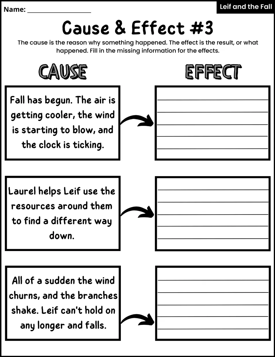 Cause & Effect #3 asks students to write effects for fall arriving, Laurel helping, and Leif falling