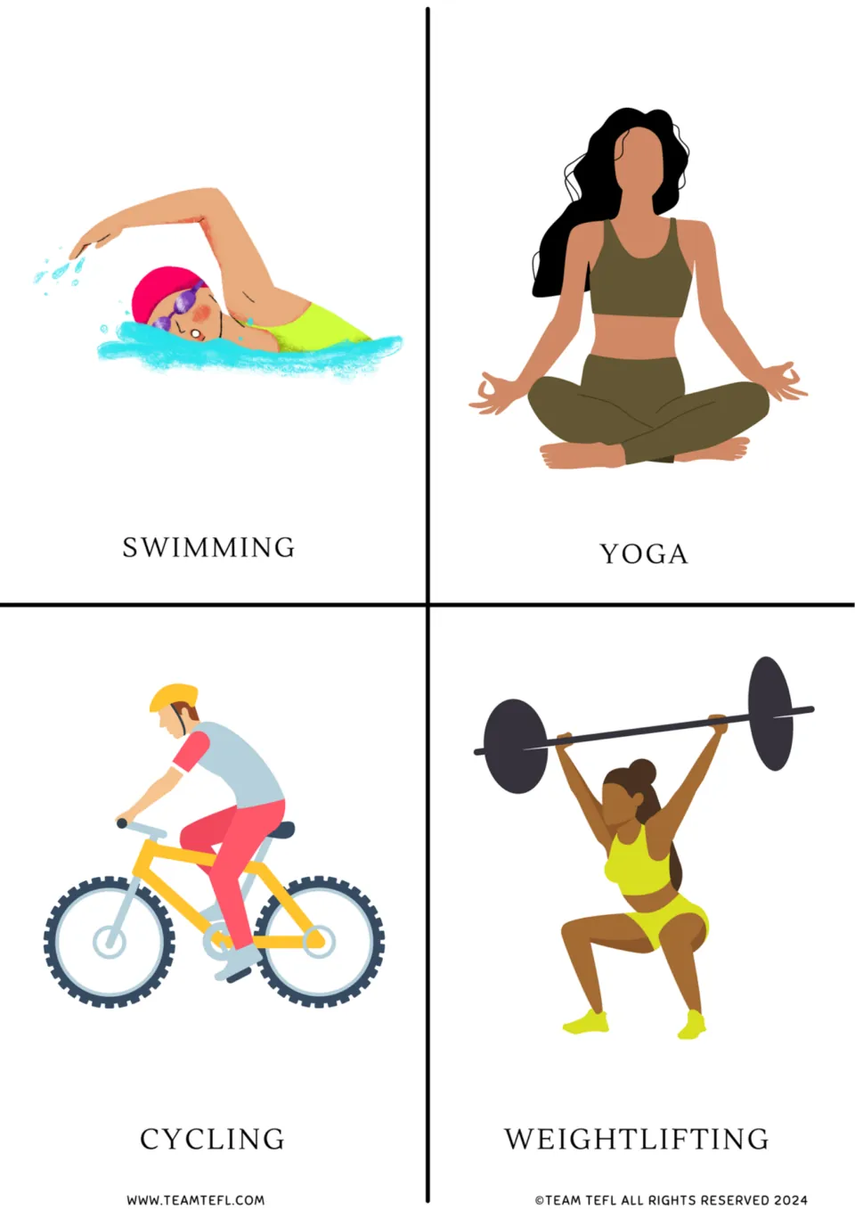 Leisure activity vocabulary flashcards 1–4: swimming, yoga, cycling, and weightlifting, each illustrated
