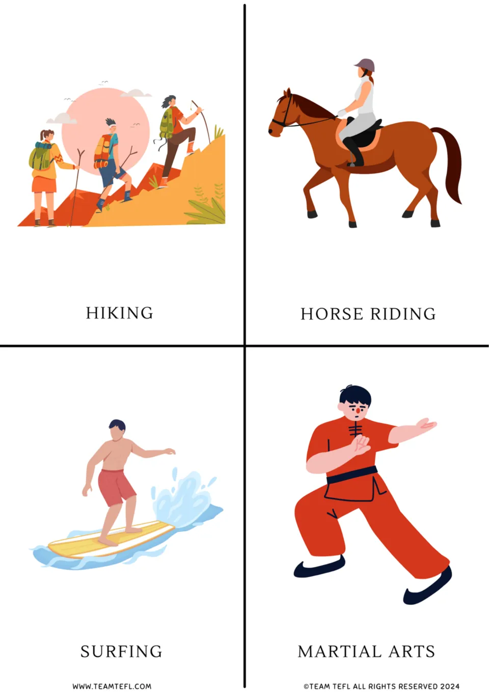 Leisure activity vocabulary flashcards 5–8: hiking, horse riding, surfing, and martial arts, each illustrated