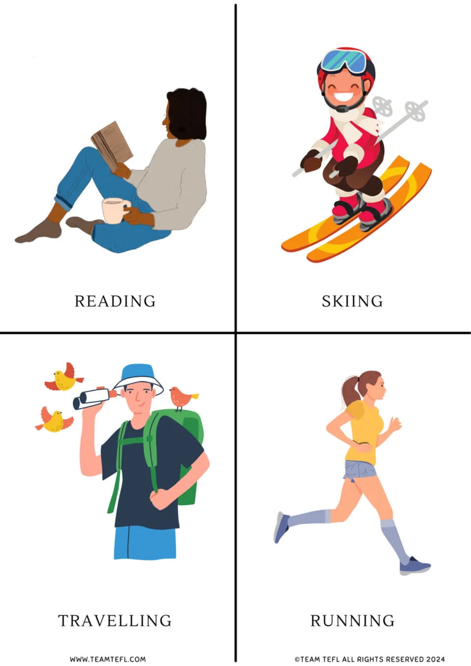 Leisure activity vocabulary flashcards 9–12: reading, skiing, traveling, and running, each illustrated