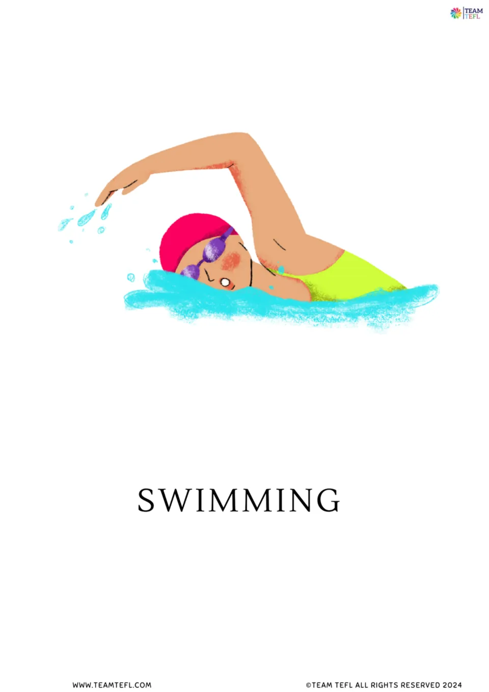 Full-page swimming vocabulary flashcard showing a swimmer wearing a cap and goggles above the label SWIMMING