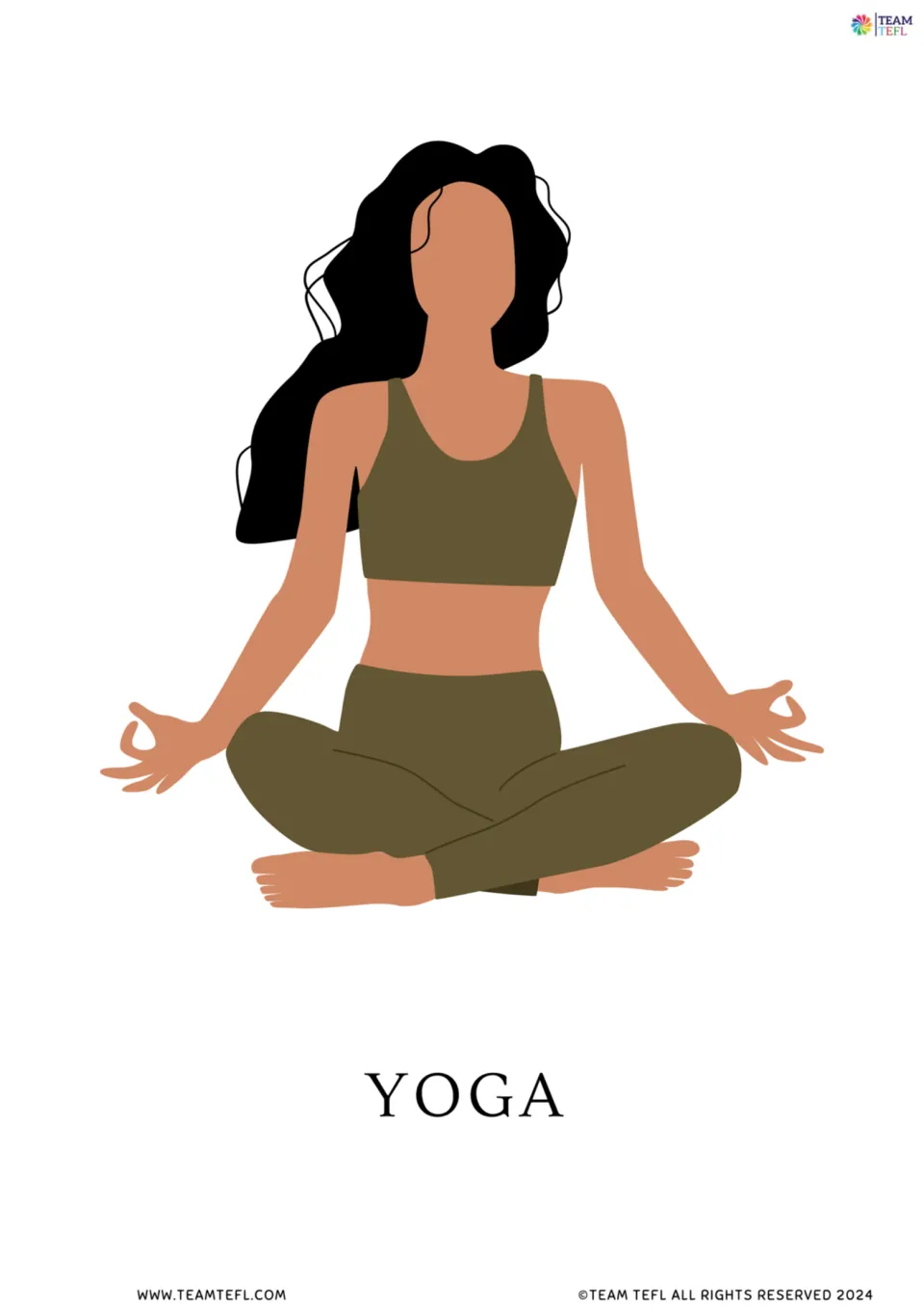 Full-page yoga vocabulary flashcard showing a person seated cross-legged with hands resting near the knees