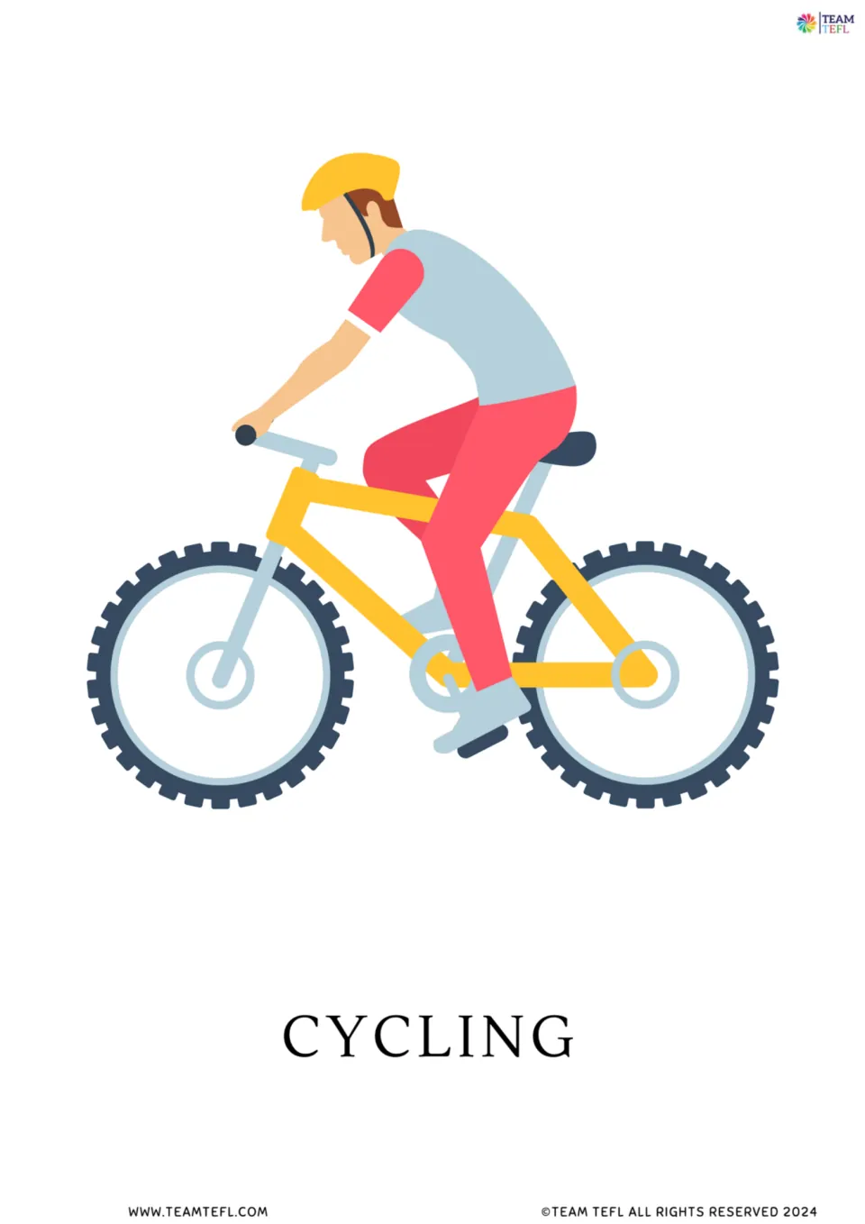 Full-page cycling vocabulary flashcard showing a helmeted rider on a yellow bicycle above the label CYCLING