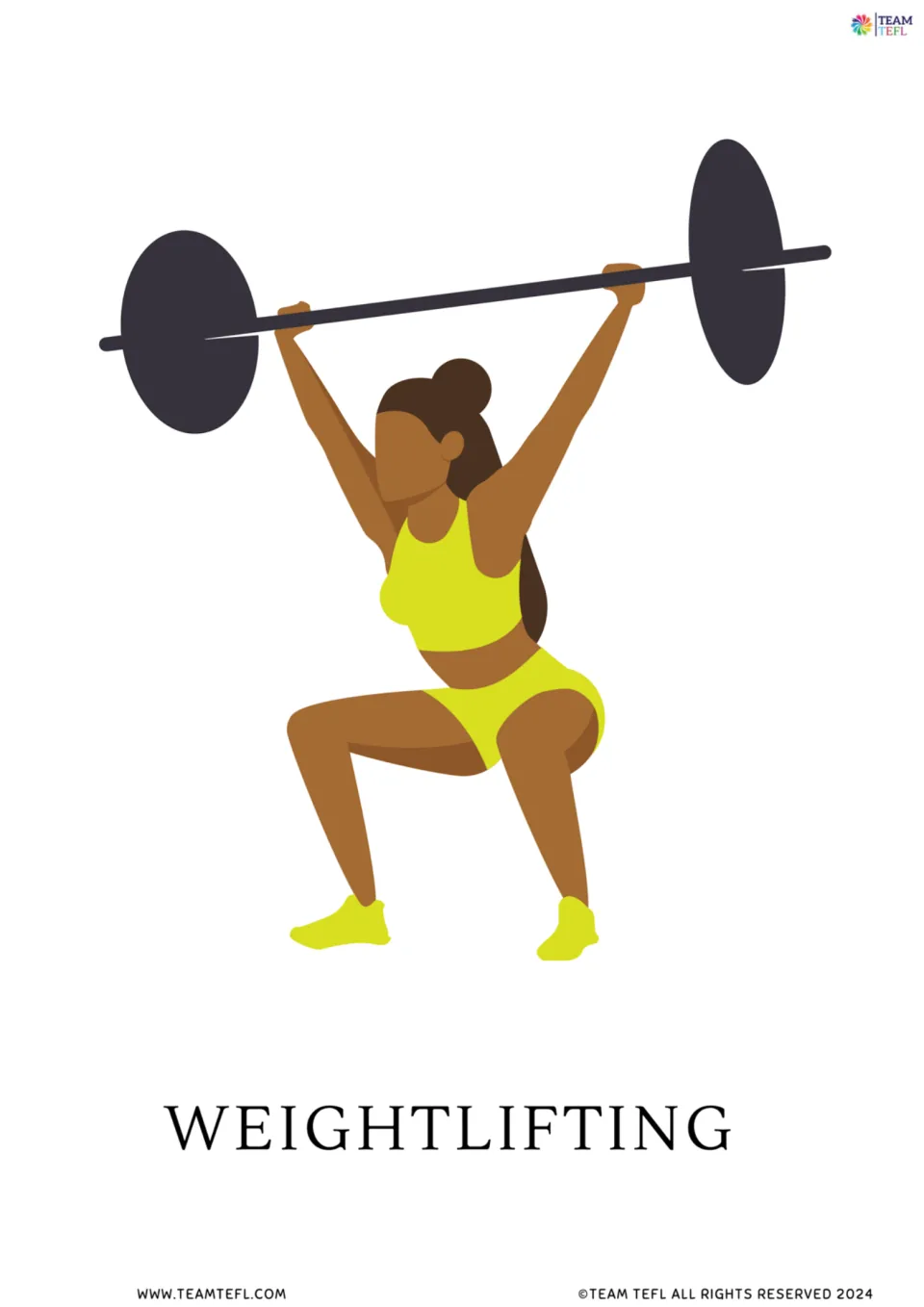 Full-page weightlifting vocabulary flashcard showing a person squatting while holding a barbell overhead