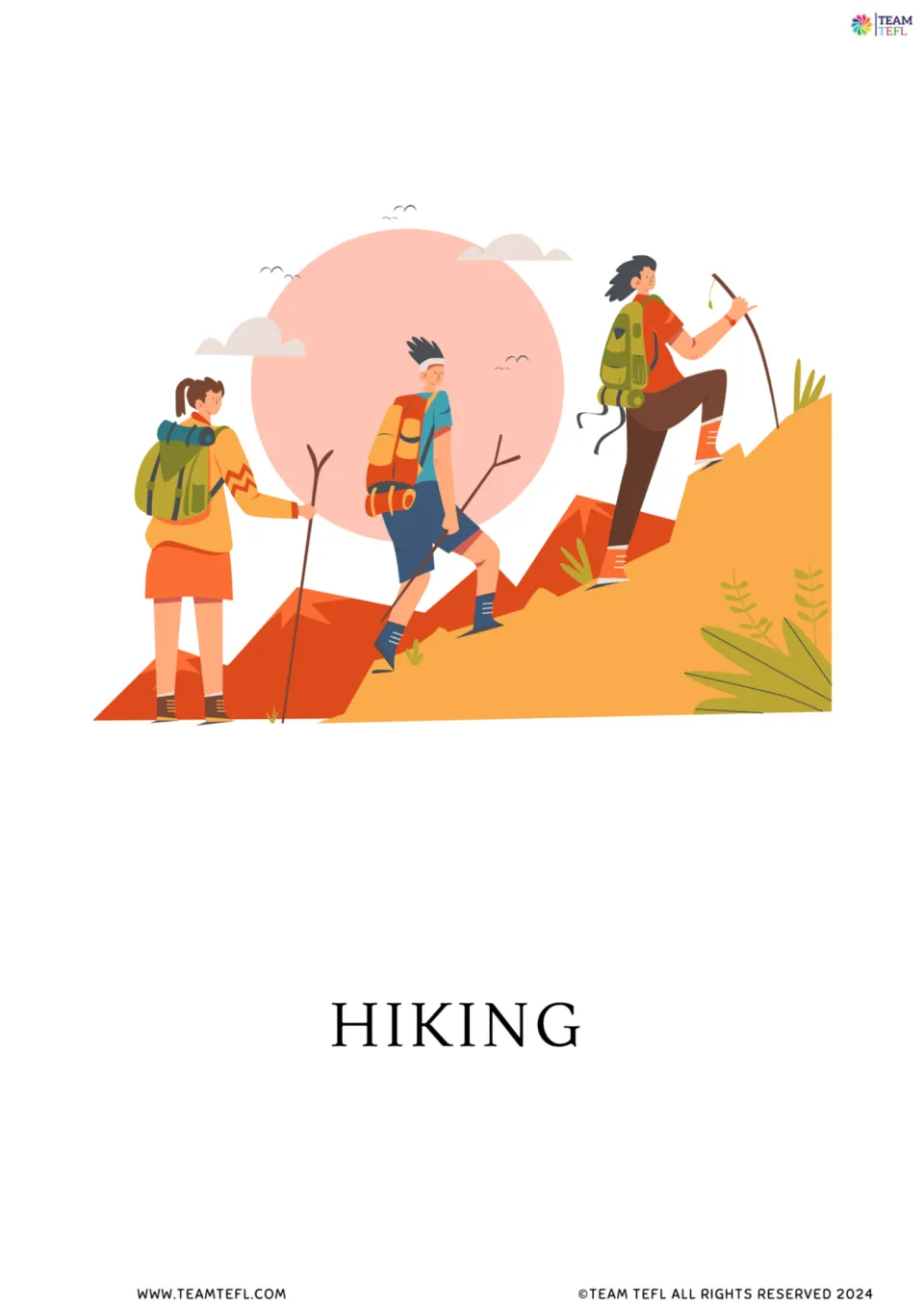 Full-page hiking vocabulary flashcard showing three hikers with backpacks and walking sticks on a slope