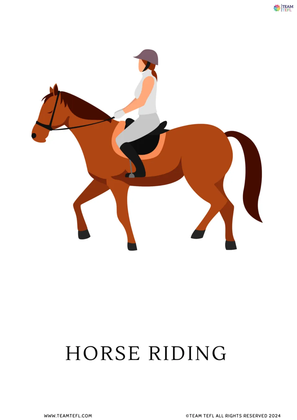 Full-page horse riding vocabulary flashcard showing a helmeted rider on a horse above the label HORSE RIDING