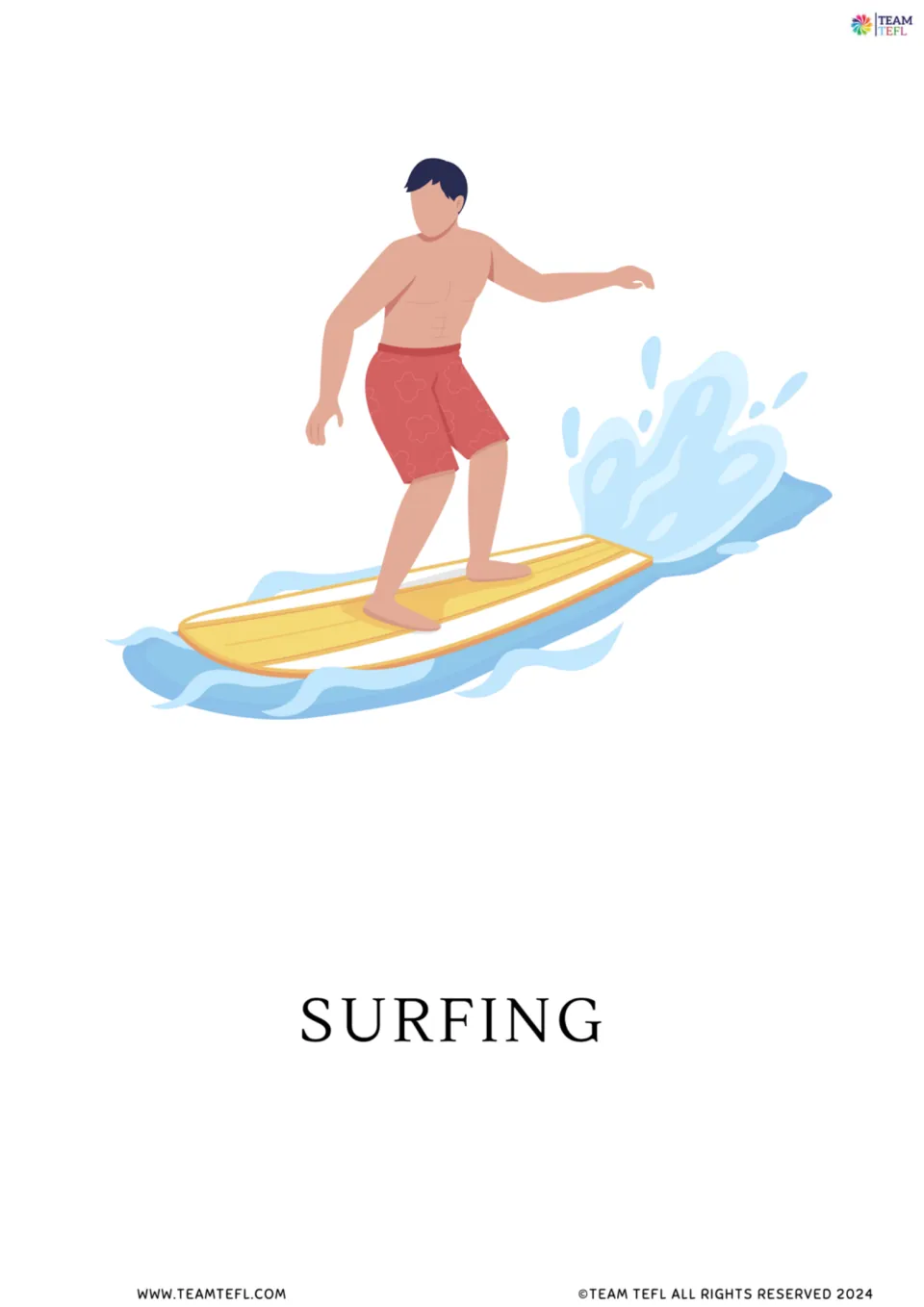Full-page surfing vocabulary flashcard showing a person standing on a surfboard above the label SURFING