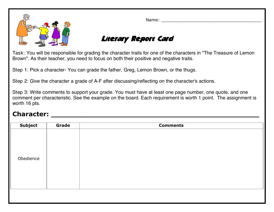 Literary report card instructions for grading a story character, followed by an obedience rating section.