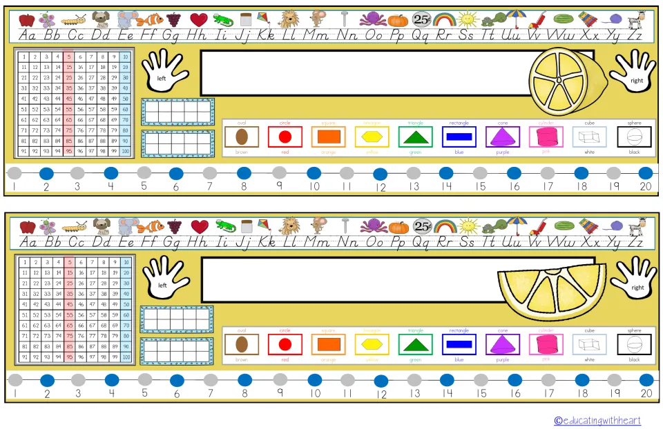 Lemon desk name plates on solid yellow: alphabet, hundred chart, ten frames, left/right hands, shapes, colors and 1-20