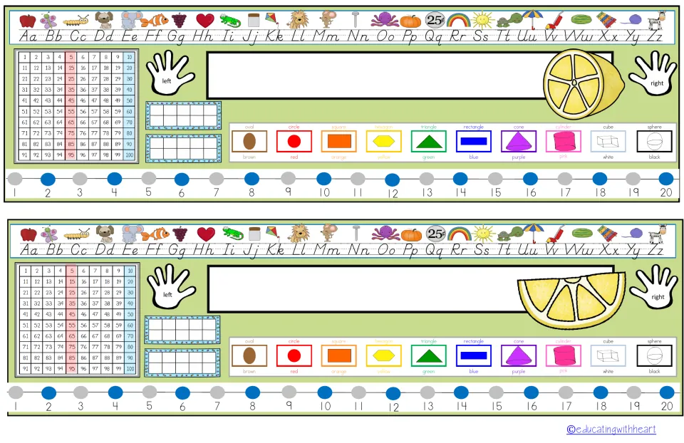 Light green desk plates with lemon slices: name space plus alphabet, hundred chart, shapes, colors and numbers 1-20