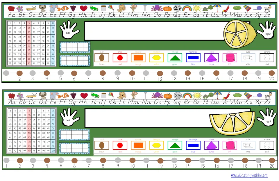 Dark green desk plates with lemons: alphabet strip, hundred chart, ten frames, shapes, colors and brown-dotted 1-20 numbers
