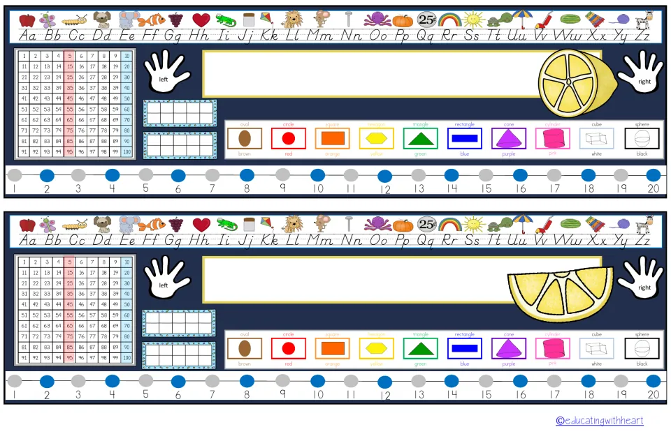 Navy desk plates with lemon art: yellow-edged name space, alphabet, hundred chart, left/right hands, shapes, colors, 1-20