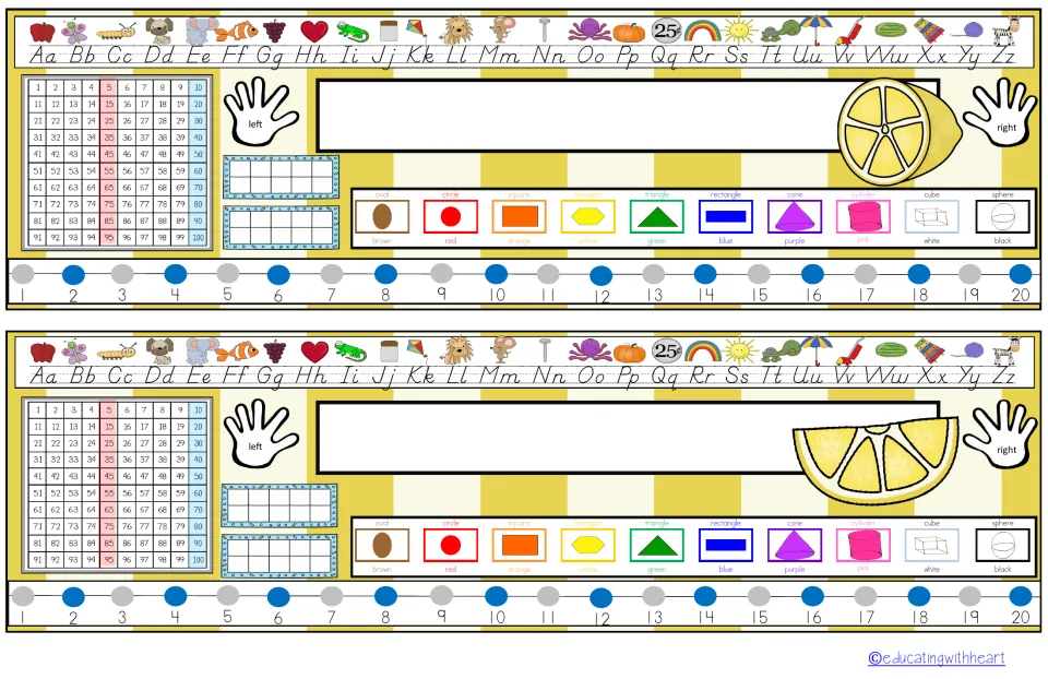 Yellow and cream striped desk plates with lemons: alphabet, hundred chart, ten frames, shapes, colors, left/right, 1-20