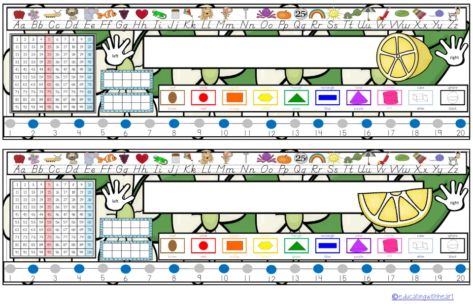 White blossom desk plates on green leaves: name space with alphabet, hundred chart, shapes, colors, left/right and 1-20