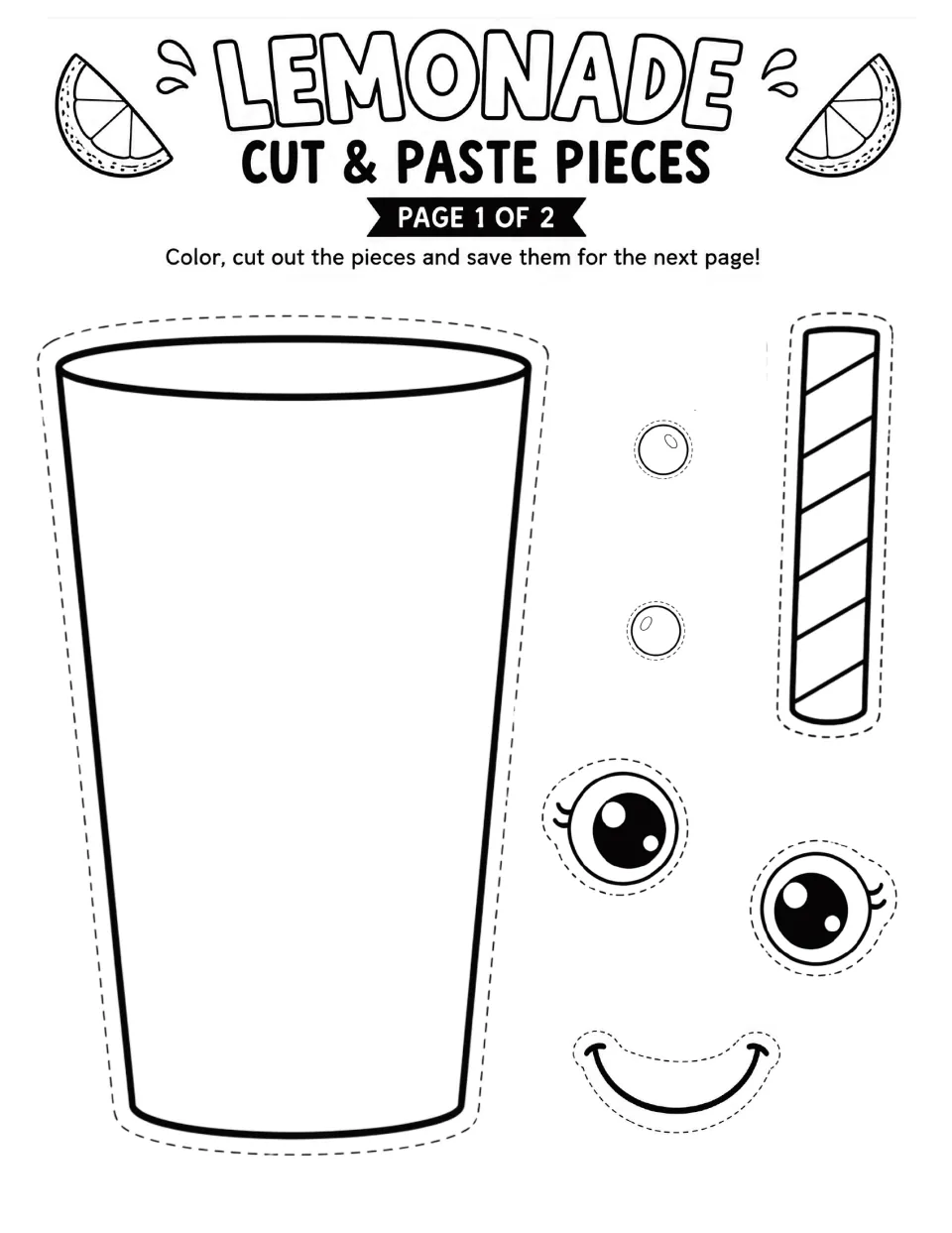 Lemonade cut and paste pieces, page 1 of 2: students color and cut out a cup, straw, two eyes, a smile and two cheeks